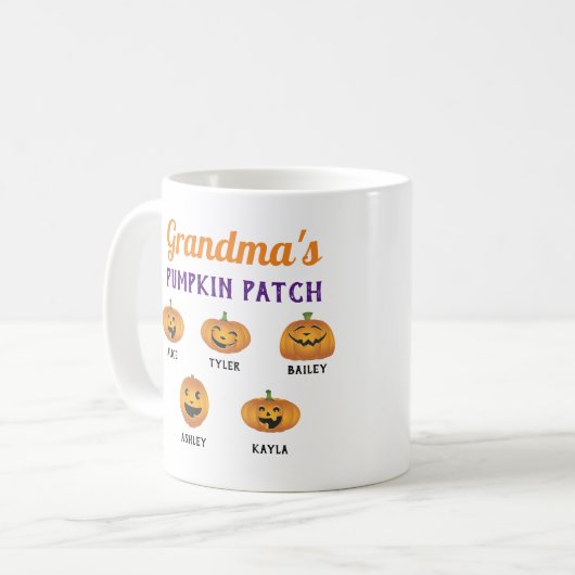 Oma's pomkin Patch Custom Grandchildren Names Koffiemok (Voorkant links)