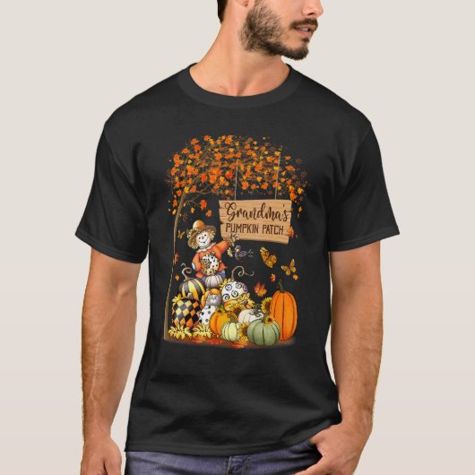 Oma's Pompoenveld Herfstbladeren Scarecrow Dan T-shirt (Voorkant)
