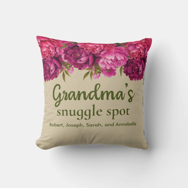 Oma's Snuggle Spot Bloemen Met Namen Kussen (Voorkant)