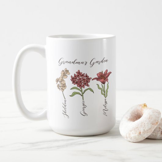 Oma's Tuin Bloem 3 Grootkinderen Naam Floral Koffiemok (Met donut)
