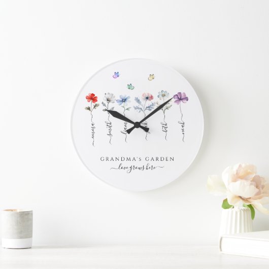 Oma's tuin met kleinkinderen naam waterverf grote klok (Huis)