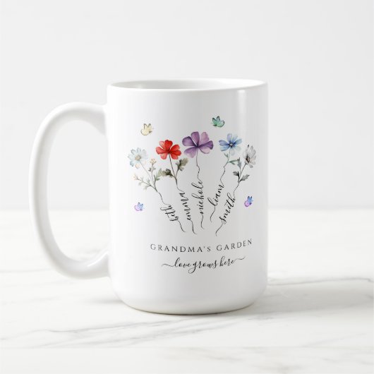 Oma's tuin met kleinkinderen noemt wilde bloemen koffiemok (Links)