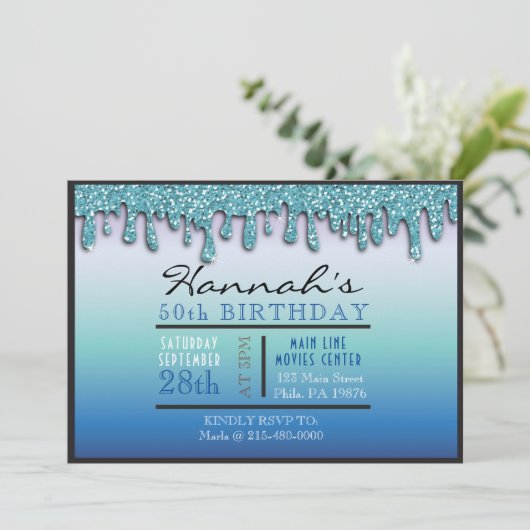 Ombre Aqua Sparkle Drippy 50ste verjaardagsfeestje Kaart (Staand voorkant)