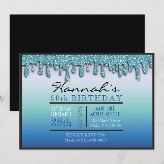 Ombre Aqua Sparkle Drippy 50ste verjaardagsfeestje Kaart (Voorkant / Achterkant)