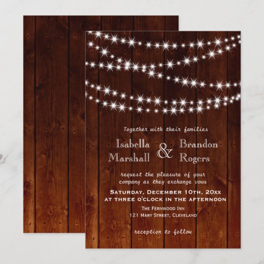 Ombre Barn Board Twinkle Lights Huwelijksuitnodigi Kaart (Voorkant / Achterkant)