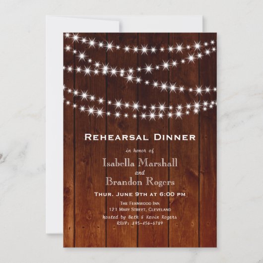 Ombre Barn Board Twinkle Lights Rehearsal Dinner Kaart (Voorkant)