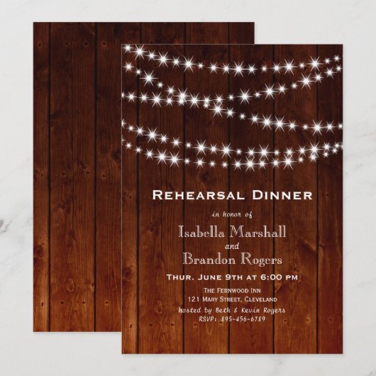 Ombre Barn Board Twinkle Lights Rehearsal Dinner Kaart (Voorkant / Achterkant)