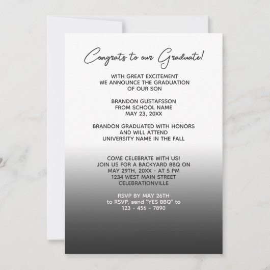 Ombre Black Grey White Minimalist Afstuderen Aankondiging (Achterkant)