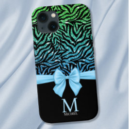 Ombre blauw Glitter Zebra Strepen Bow Monogram Case-Mate iPhone Case