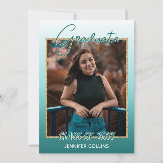 Ombre Blauwgroen Blue Green Gold Glitter Afstudere Aankondiging (Voorkant)