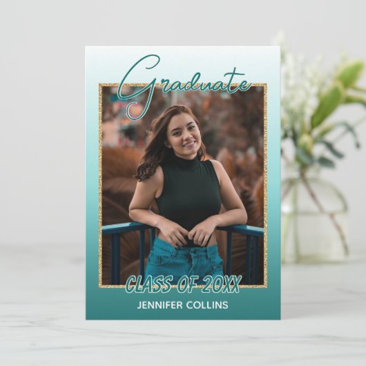 Ombre Blauwgroen Blue Green Gold Glitter Afstudere Aankondiging (Staand voorkant)