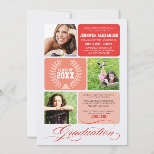 Ombre Blocks Graduation Party Invitation (rood) Kaart (Voorkant)
