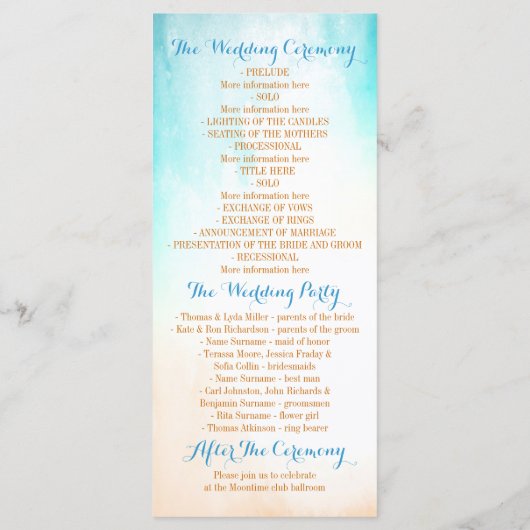 Ombre Blue Beach huwelijksprogramma's Programmakaart (Achterkant)