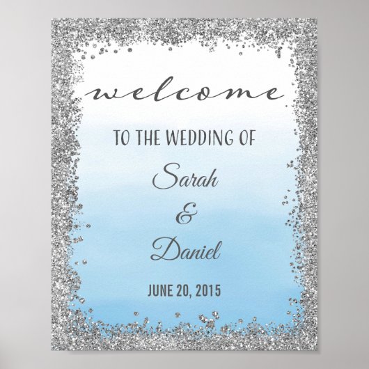 Ombre Blue en Silver Wedding Welcome Poster Print (Voorkant)