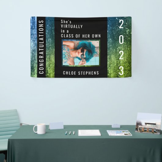 Ombre Blue | Green Faux Glitter Photo Afstuderen Spandoek (Beurs)