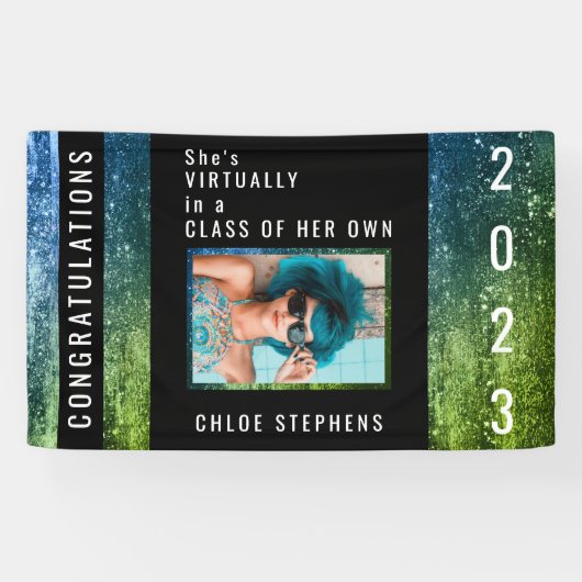 Ombre Blue | Green Faux Glitter Photo Afstuderen Spandoek (Horizontaal)