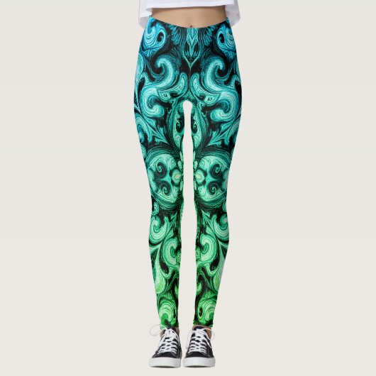 Ombre Blue Green Ornamental Scrollwork Pattern Leggings (Voorkant)