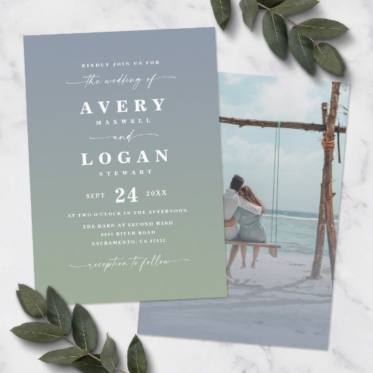 Ombre Blue & Green Wedding Invitation met foto Kaart