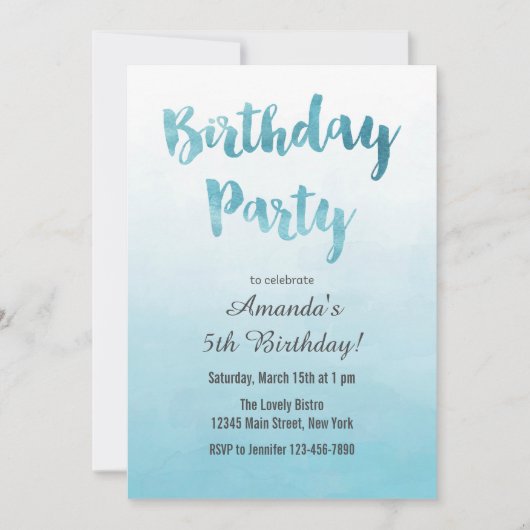 Ombre Blue Waterverf Verjaardagsuitnodiging Kaart (Voorkant)