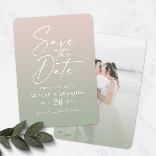 Ombre Blush & Groen met Script Foto Bruiloft Save The Date