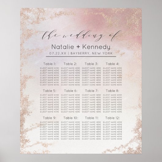 Ombre Blush Pink Forst Wedding Table Seating Chart Poster (Voorkant)