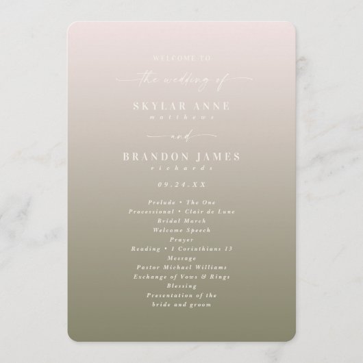 Ombre Blush Pink & Green Wedding Ceremony Programm Programmakaart (Voorkant)
