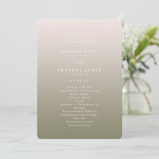 Ombre Blush Pink & Green Wedding Ceremony Programm Programmakaart (Staand voorkant)
