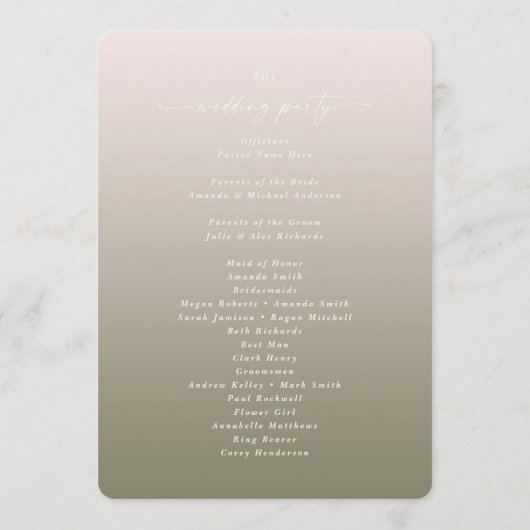 Ombre Blush Pink & Green Wedding Ceremony Programm Programmakaart (Achterkant)