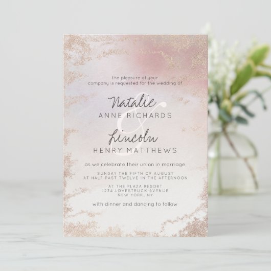 Ombre Blush Roze Frosted Folie Modern Bruiloft Kaart (Staand voorkant)