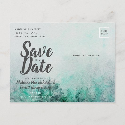 Ombre Bos Waterverf Pijnbomen Save the Date Aankondigingskaart (Achterkant)