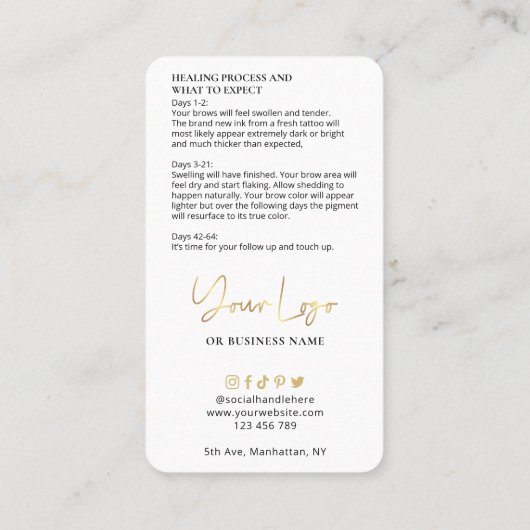 Ombré Brows White en Gold Salon Care Instructions Visitekaartje (Achterkant)