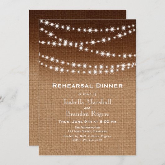 Ombre Burlap Twinkle Lights Rehearsal Dinner Kaart (Voorkant / Achterkant)