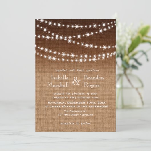 Ombre Burlap Twinkle Lights Wedding Uitnodiging (Staand voorkant)
