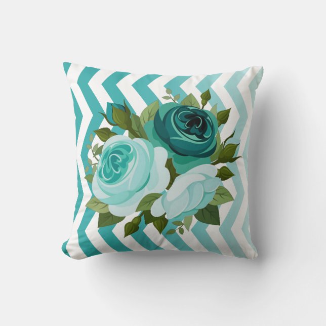 Ombre Chevron Floral Rose Bouquet | blauwgroen aqu Kussen (Voorkant)