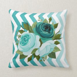 Ombre Chevron Floral Rose Bouquet | blauwgroen aqu Kussen