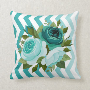 Ombre Chevron Floral Rose Bouquet   blauwgroen aqu Kussen