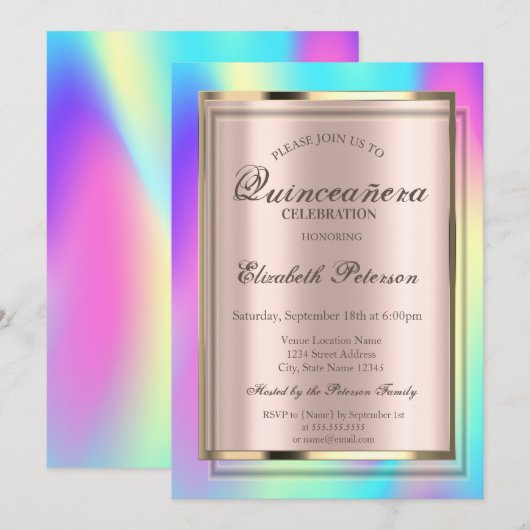 Ombre Colorful Holographic Lijst Quinceañera Kaart (Voorkant / Achterkant)