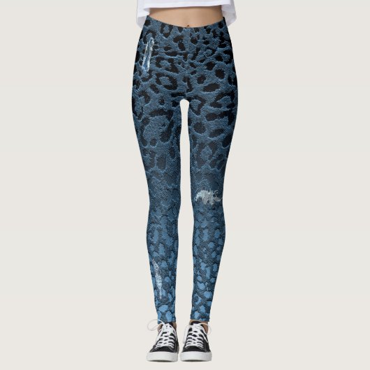 Ombre Denim Jean Blue Digitale geripte luipaardpri Leggings (Voorkant)