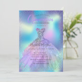 Ombre Dress, Confetti Holographic Quinceañera Kaart (Staand voorkant)