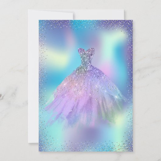 Ombre Dress, Confetti Holographic Quinceañera Kaart (Achterkant)