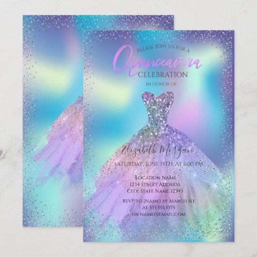 Ombre Dress, Confetti Holographic Quinceañera Kaart (Voorkant / Achterkant)