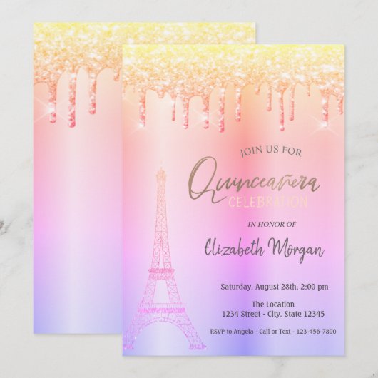 Ombre Drips, Eiffeltoren Quinceañera Kaart (Voorkant / Achterkant)