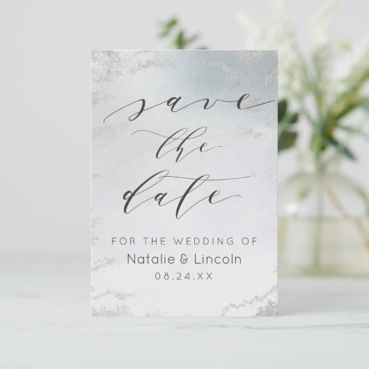 Ombre Dusty Blue Frosted Silver Foil Chic Wedding Save The Date (Staand voorkant)
