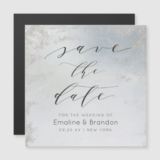 Ombre Dusty Blue Frosted Silver Foil Save the Date (Voorkant / Achterkant)