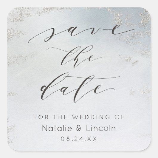 Ombre Dusty Blue Frosted Silver Foil Save the Date Vierkante Sticker (Voorkant)