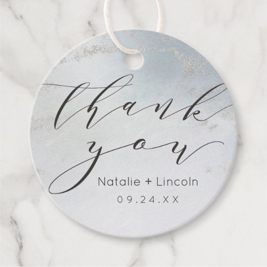 Ombre Dusty Blue Frosted Silver Script Bedankt Bedankjes Labels (Voorkant)