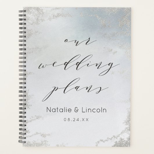 Ombre Dusty Blue Frosted Zilveren Luxe bruiloft Planner (Voorkant)