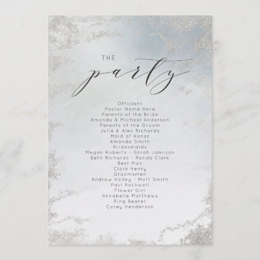 Ombre Dusty Blue Frosted Zilveren Trouwceremonie Programmakaart (Achterkant)