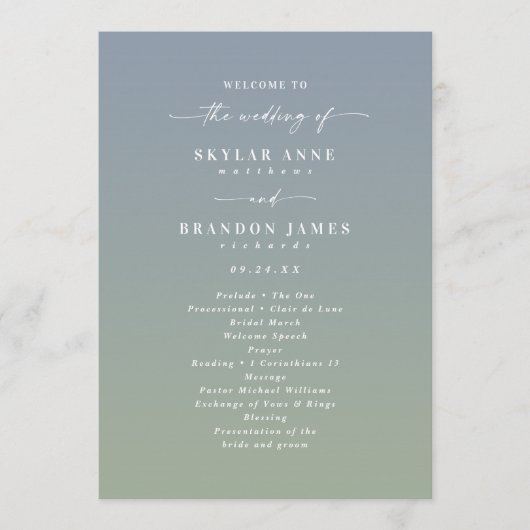 Ombre Dusty Blue & Green Wedding Ceremony Programm Programmakaart (Voorkant)