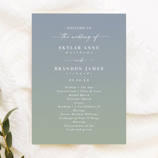 Ombre Dusty Blue & Green Wedding Ceremony Programm Programmakaart
